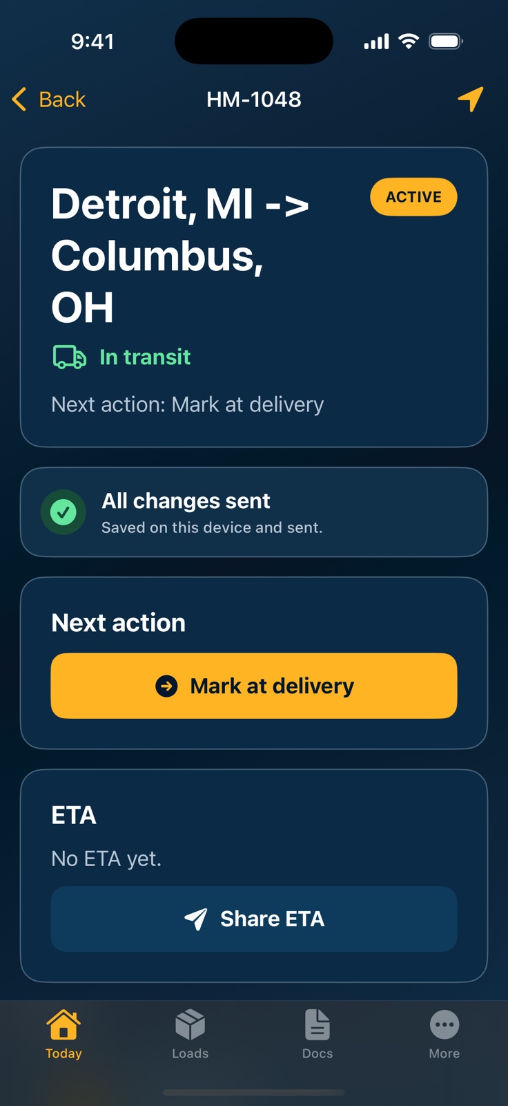 HaulMate active load screen in dark mode showing the full load workflow and navigation